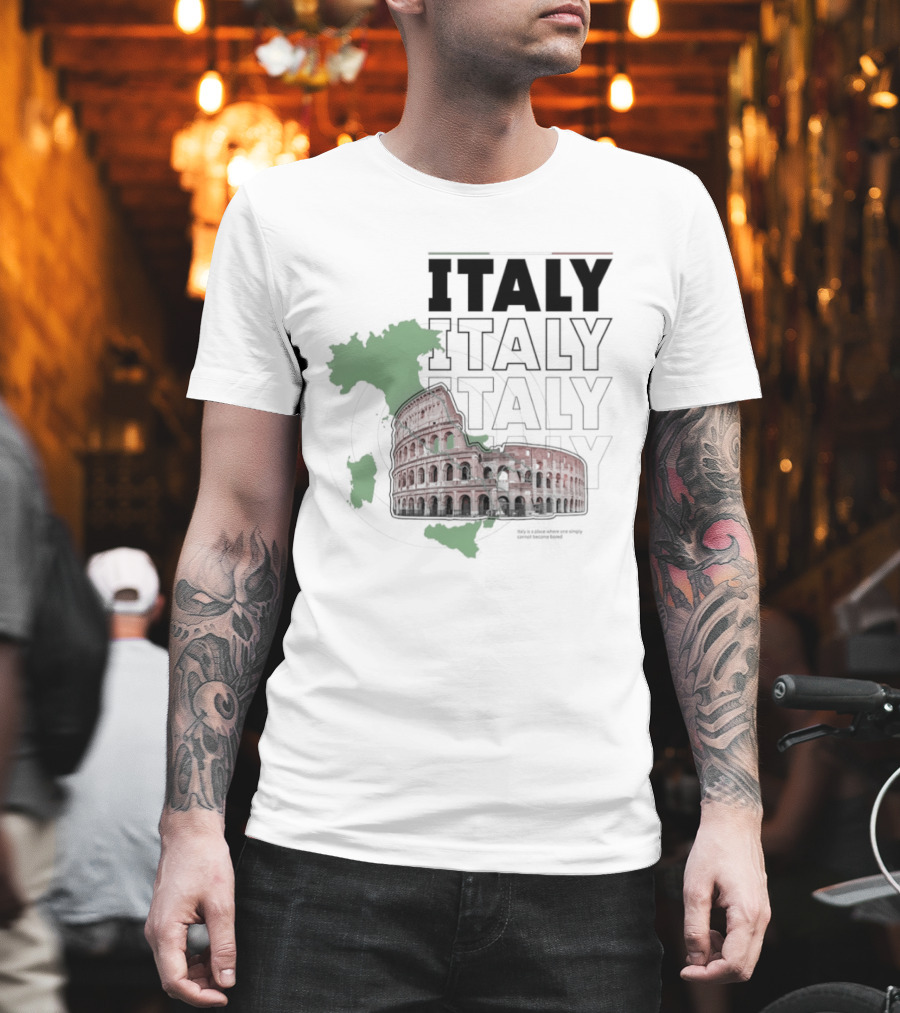 Italy Map And Colosseum Iconic Landmarks Text Heavy Exploration T-Shirt
