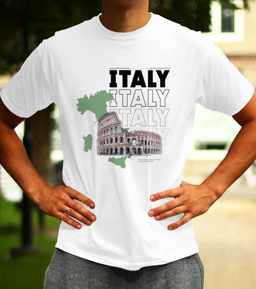 Italy Map And Colosseum Iconic Landmarks Text Heavy Exploration T-Shirt