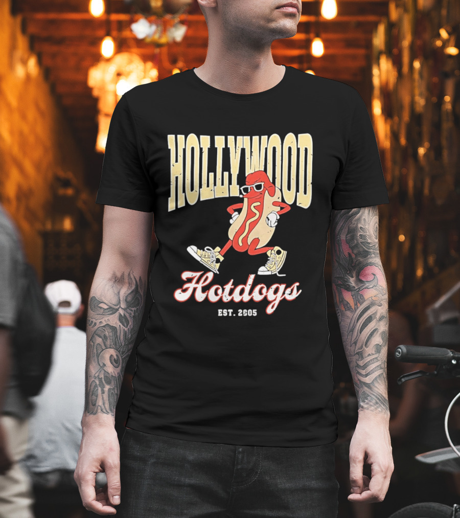 Hollywood Hotdogs Cool Mustard Character With Sunglasses Est 2005 T-Shirt