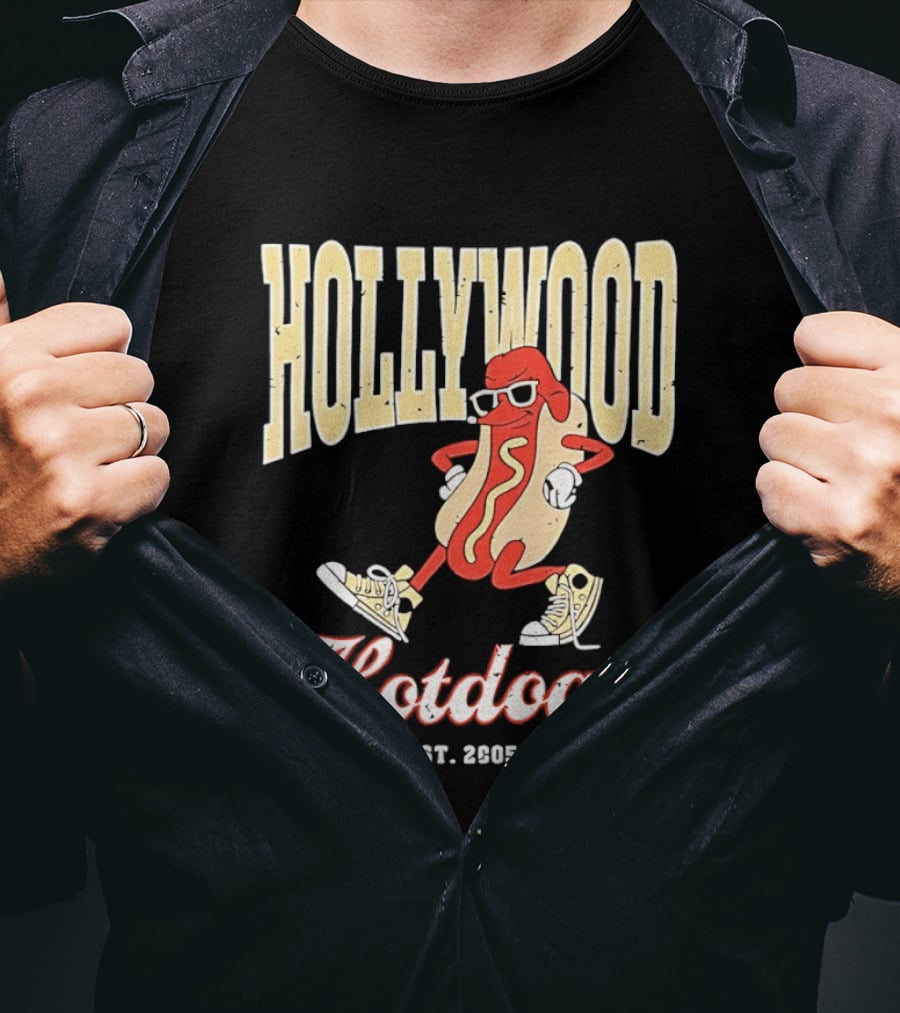 Hollywood Hotdogs Cool Mustard Character With Sunglasses Est 2005 T-Shirt