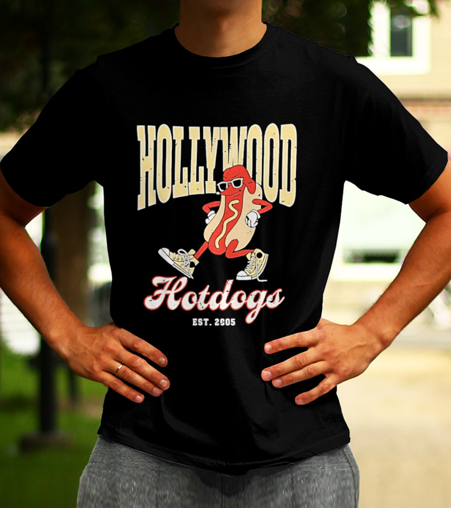 Hollywood Hotdogs Cool Mustard Character With Sunglasses Est 2005 T-Shirt