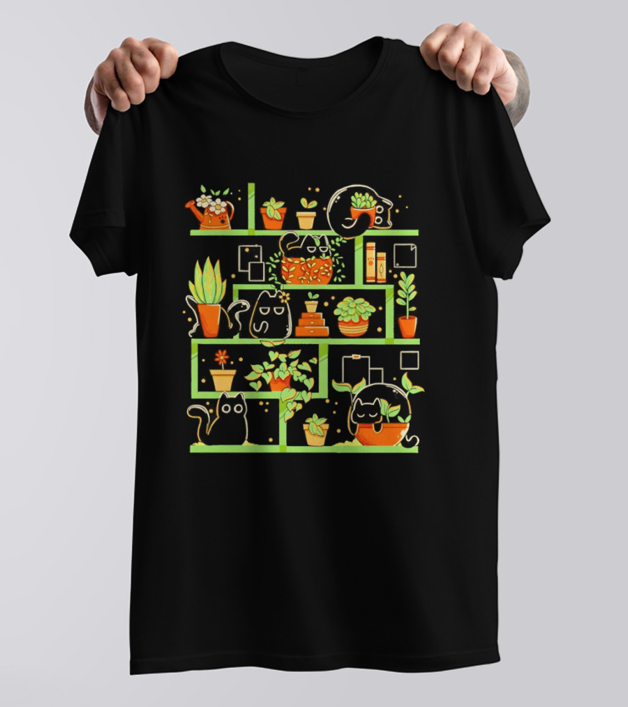 Kitten Garden Shelving With Plants And Teapots T-Shirt