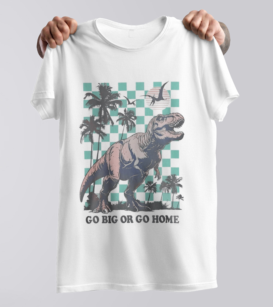 Tyrannosaurus Rex Go Big Or Go Home Palm Trees Checkerboard Sunset T-Shirt