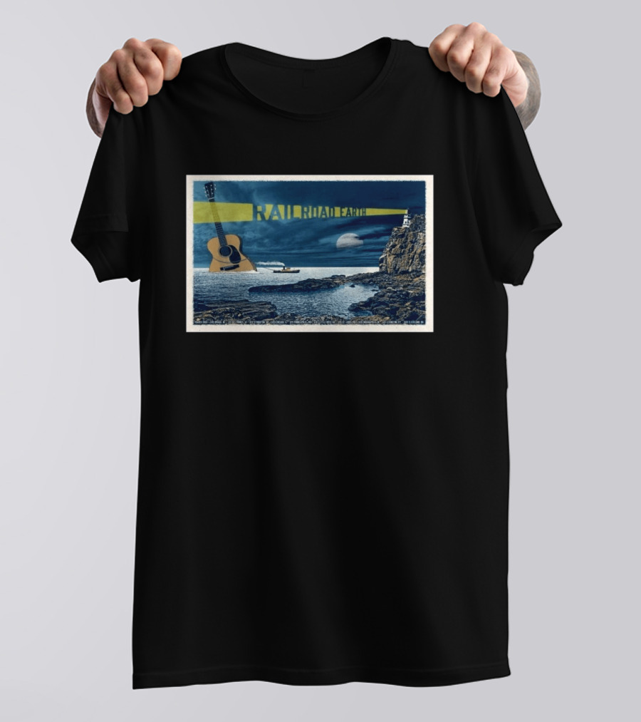 Railroad Earth March 10 2026 Tour Omaha NE Lighthouse Guitar Moonlit Ocean Scene T-Shirt