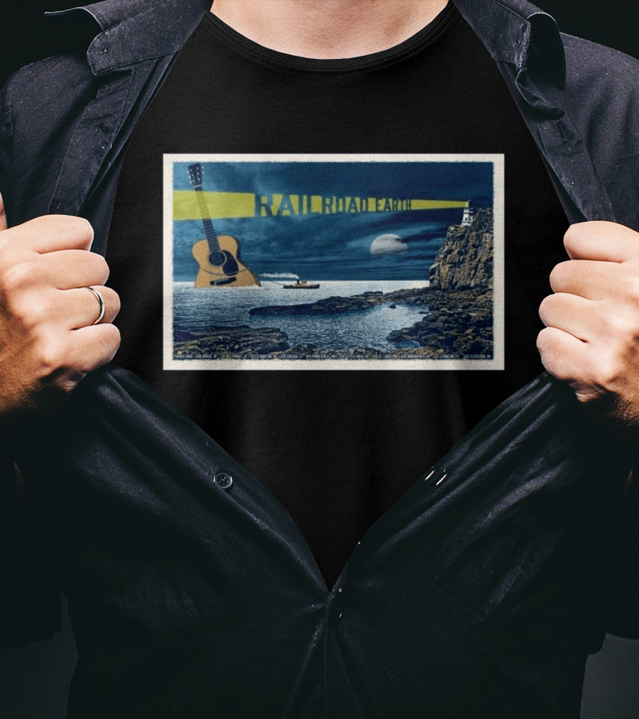 Railroad Earth March 10 2026 Tour Omaha NE Lighthouse Guitar Moonlit Ocean Scene T-Shirt