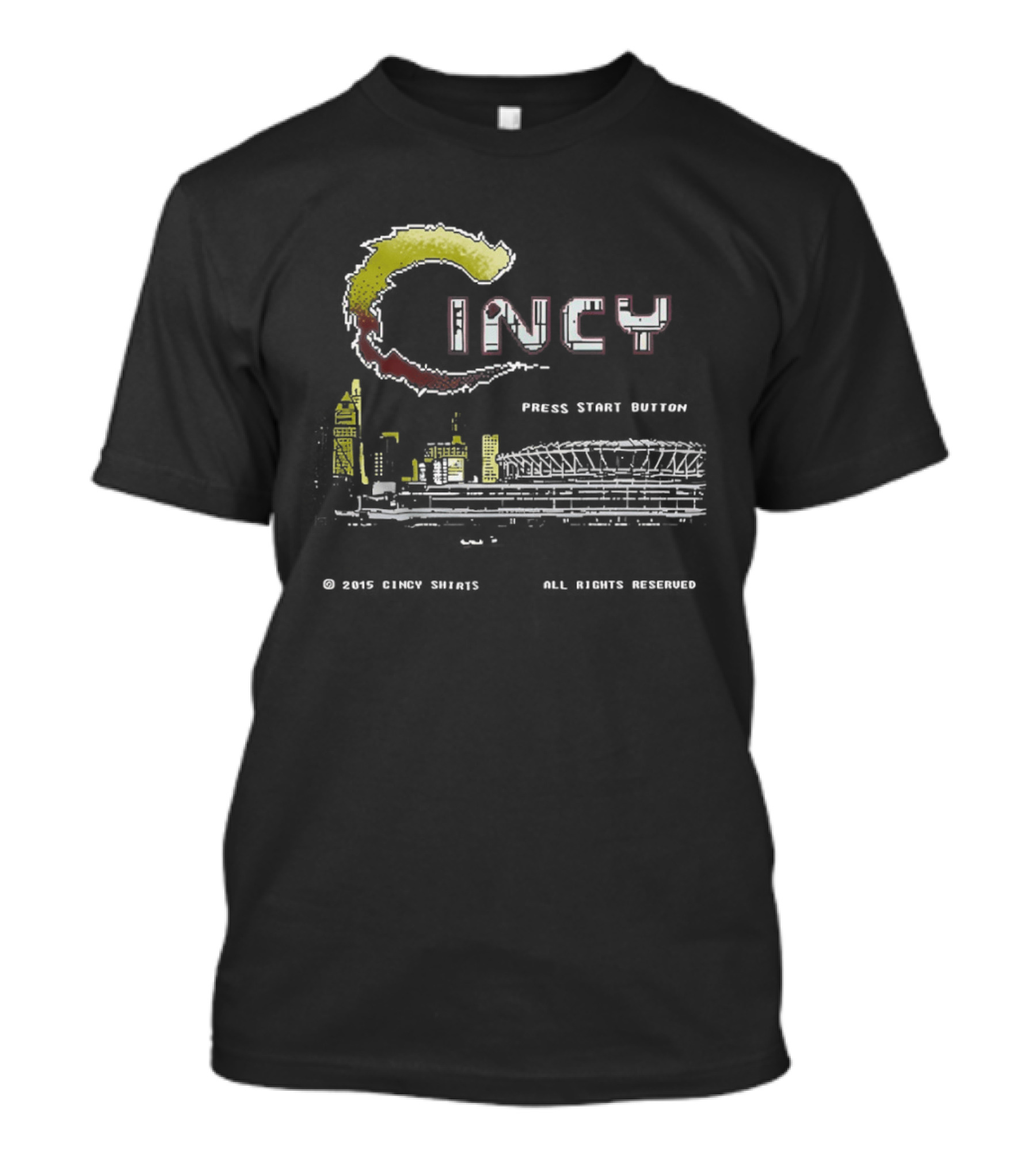 Cincy Press Start Button Pixel Game Cincinnati Reds Skyline T-Shirt