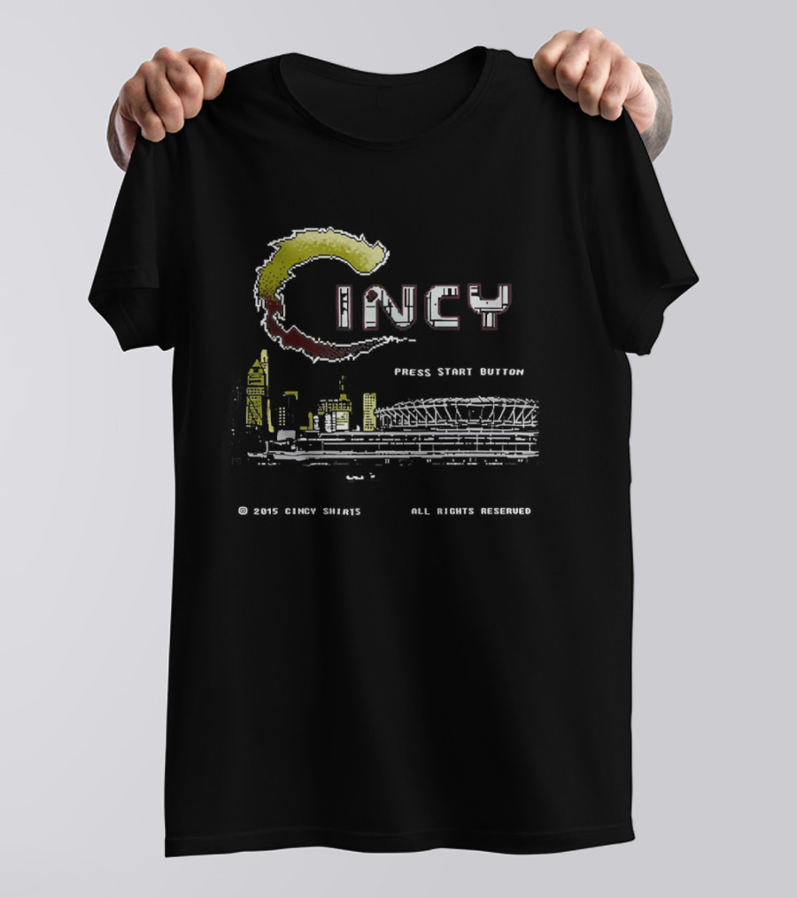 Cincy Press Start Button Pixel Game Cincinnati Reds Skyline T-Shirt