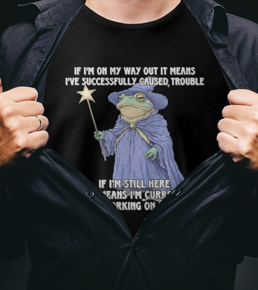 Wizard Frog If I'm On My Way Out It Means I've Successfully Caused Trouble If I'm Still Here That Means I'm Currently Working On It T-Shirt