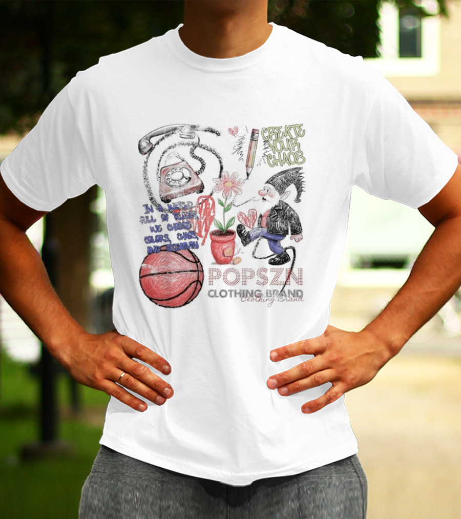 Popszn Create Your Chaos Basketball Gnome And Vintage Phone With Heart Flower T-Shirt