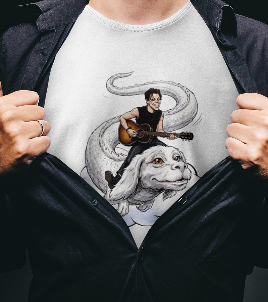 Rock God With Guitar On Falkor Flying Creature Inspired Fantasy Scene T-Shirt