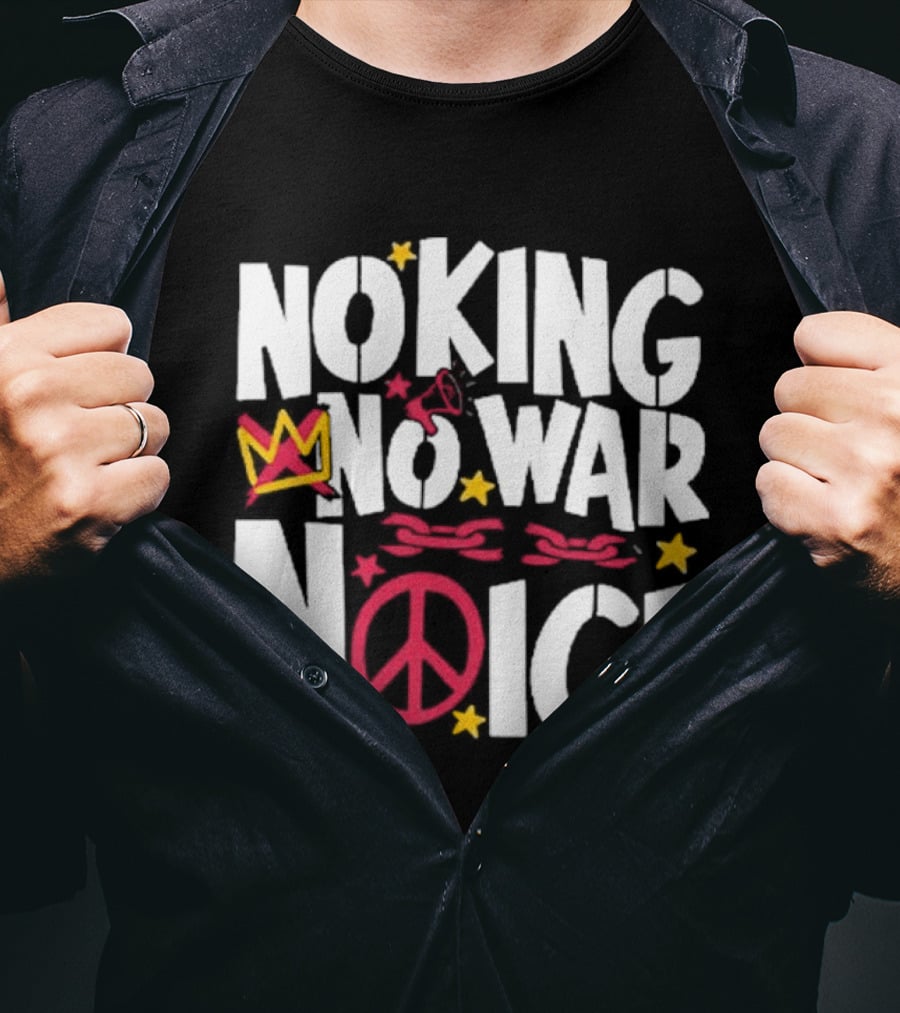 No King No War No ICE Peace Symbol Red Crown Yellow Stars T-Shirt