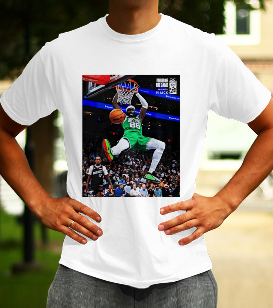 Neemias Queta Boston Celtics Dunk Action Photo With PIMCO At NBA Game T-Shirt