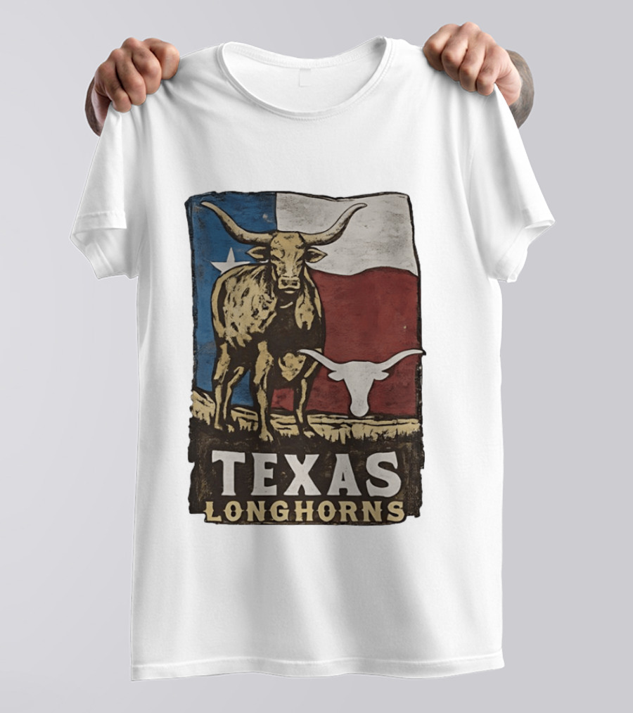 Texas Longhorns Flag Vintage Style Cow T-Shirt