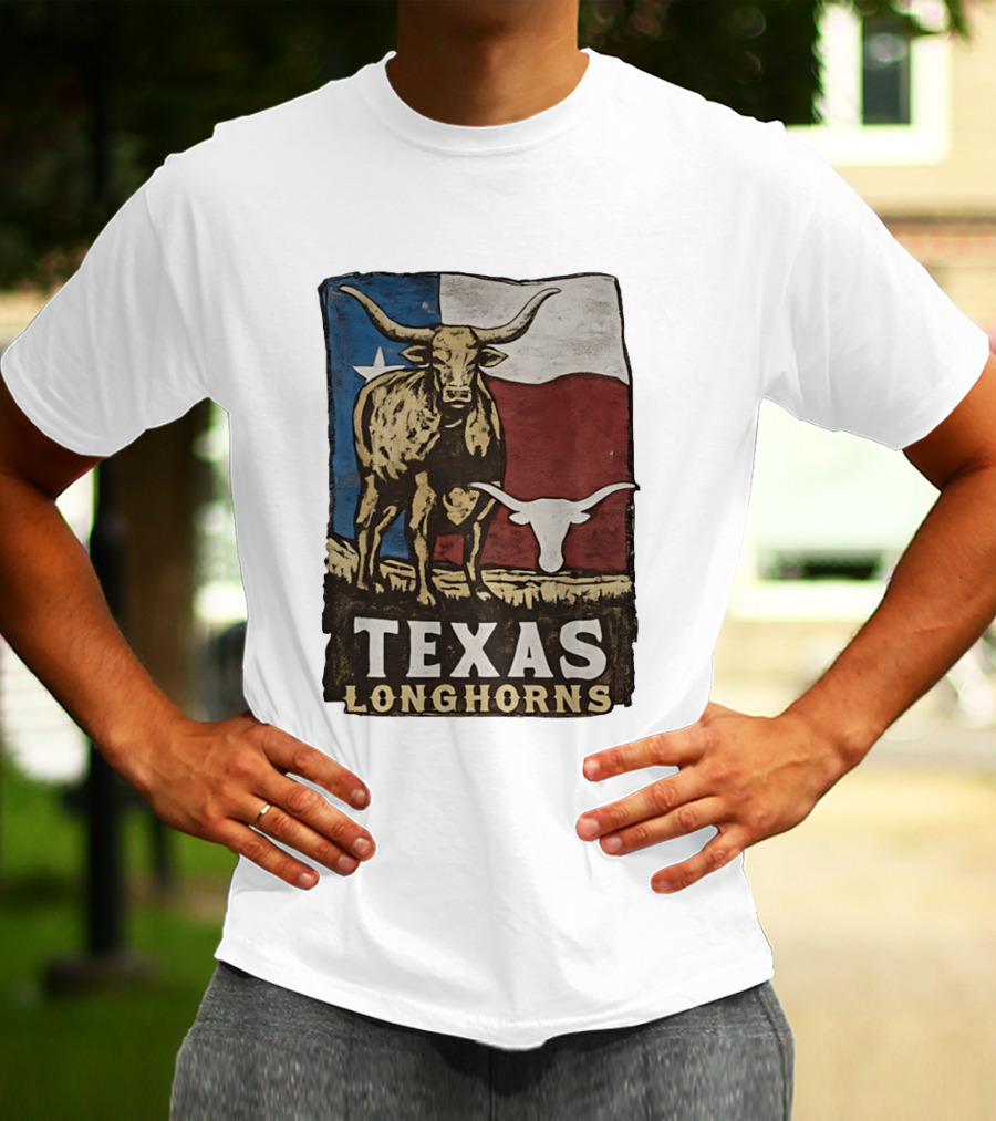 Texas Longhorns Flag Vintage Style Cow T-Shirt