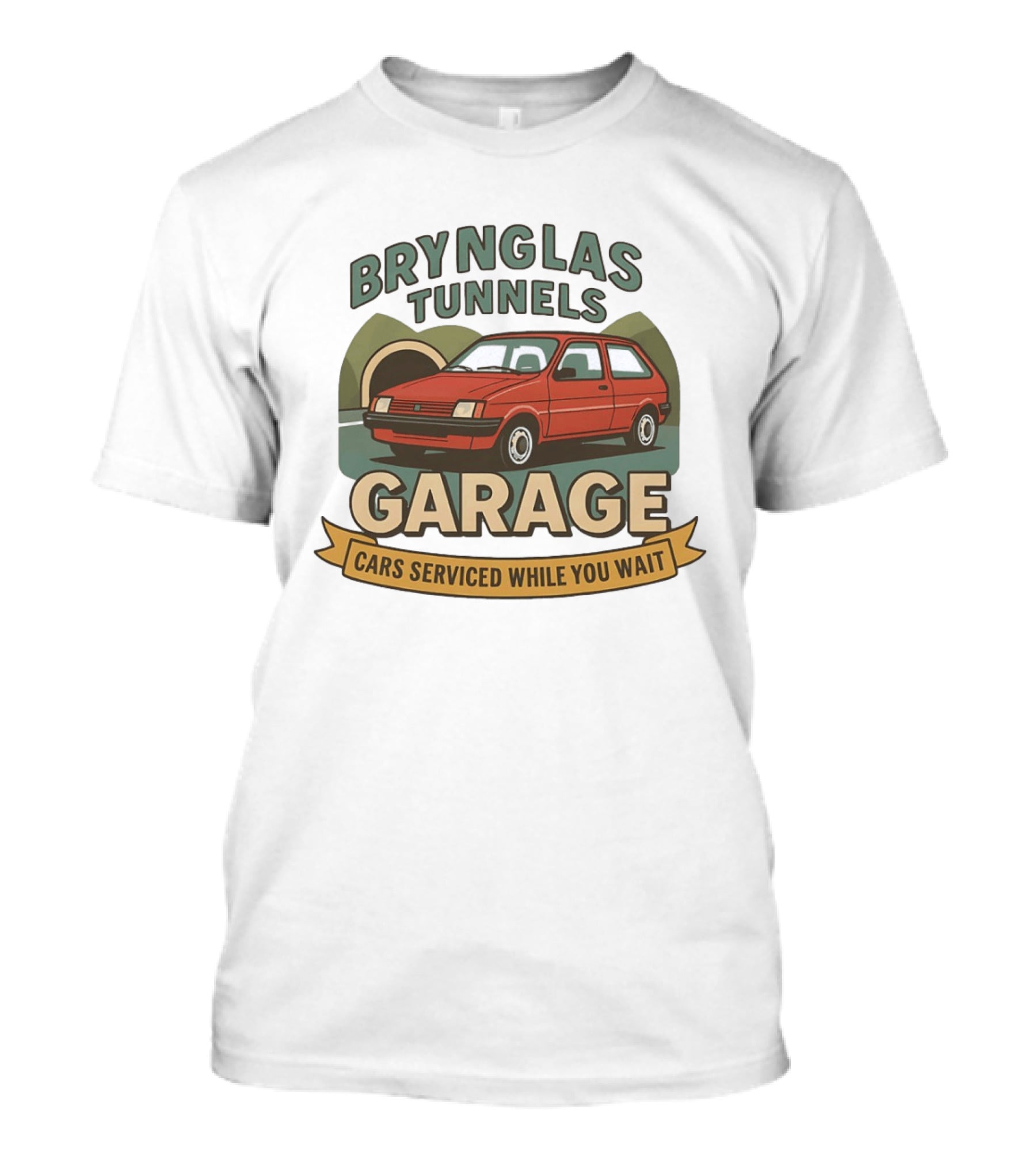 Brynglas Tunnels Garage Red Car Service Cars Serviced While You Wait T-Shirt
