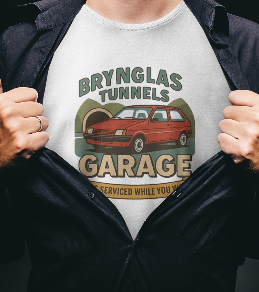Brynglas Tunnels Garage Red Car Service Cars Serviced While You Wait T-Shirt
