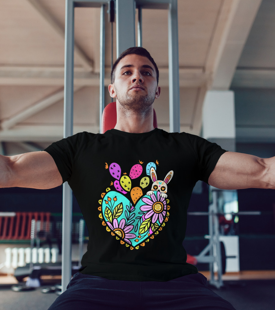 Easter Day Rabbit Holding Heart Sagrado Corazon Floral Bunny Balloons T-Shirt