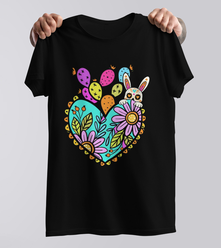 Easter Day Rabbit Holding Heart Sagrado Corazon Floral Bunny Balloons T-Shirt