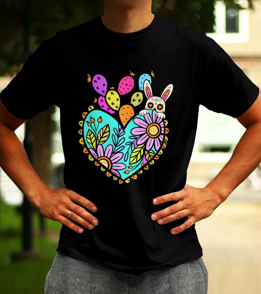 Easter Day Rabbit Holding Heart Sagrado Corazon Floral Bunny Balloons T-Shirt