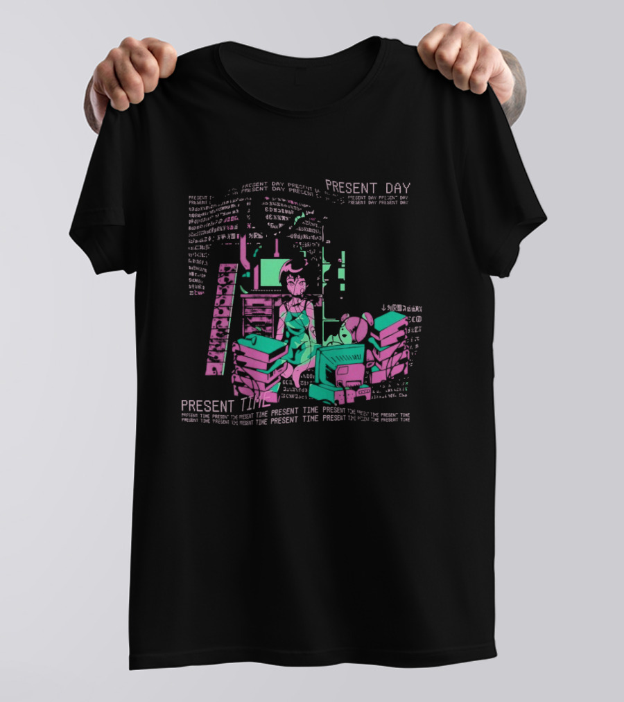 Connect To The Wired Present Day Present Time Retro Tech Aesthetic Stack Of Devices T-Shirt