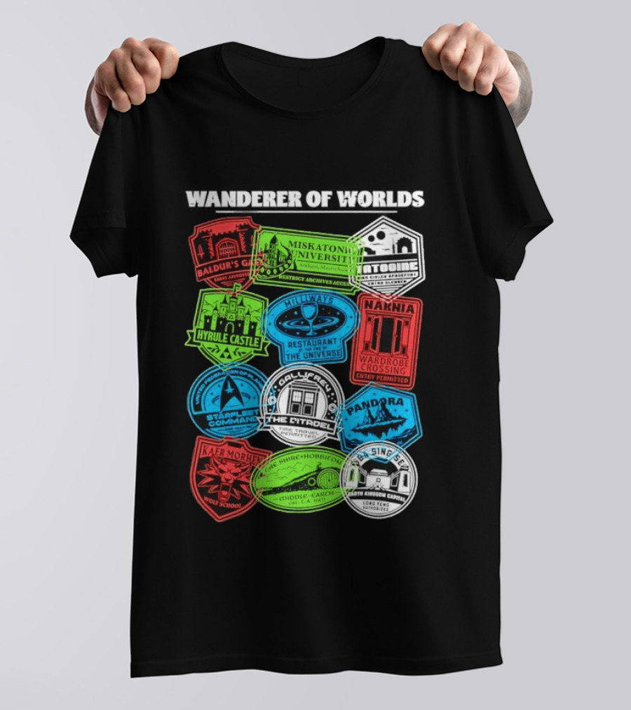 Wanderer Of Worlds Travel Stamps Baldur's Gate Miskatonic Hyrule Middle Earth Narnia T-Shirt