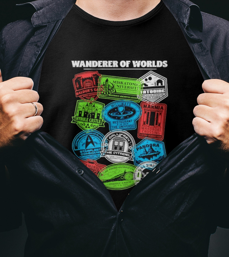 Wanderer Of Worlds Travel Stamps Baldur's Gate Miskatonic Hyrule Middle Earth Narnia T-Shirt