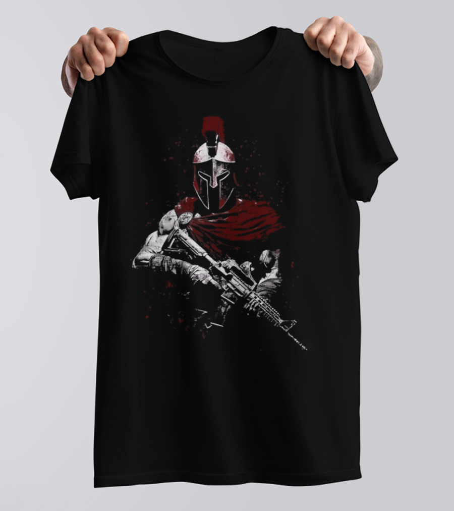 Warrior Ethos Holding Gun Wearing Spartan Helmet Blood Red Cape T-Shirt