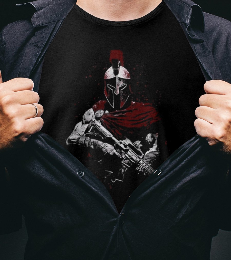 Warrior Ethos Holding Gun Wearing Spartan Helmet Blood Red Cape T-Shirt