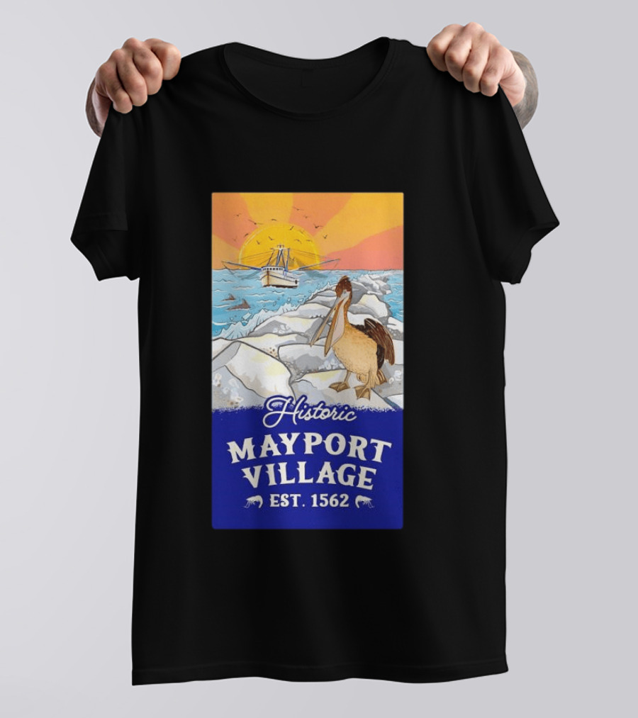Historic Mayport Village EST 1562 Ocean Sunrise Pelican And Fishing Boat T-Shirt