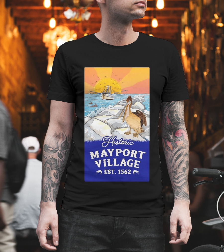 Historic Mayport Village EST 1562 Ocean Sunrise Pelican And Fishing Boat T-Shirt