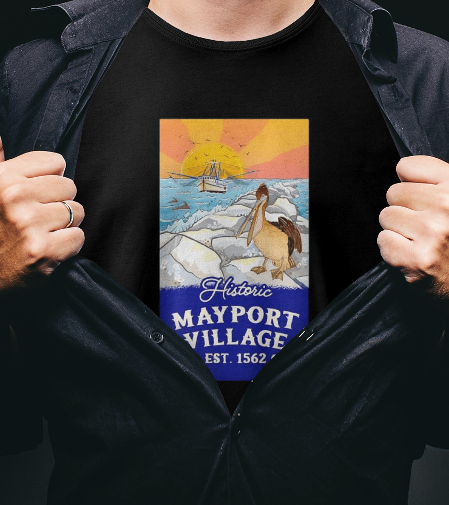 Historic Mayport Village EST 1562 Ocean Sunrise Pelican And Fishing Boat T-Shirt