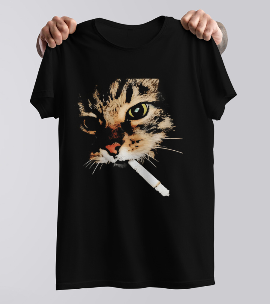 Cat Smoking Big Head Meme Artfully Distorted Feline Expression T-Shirt