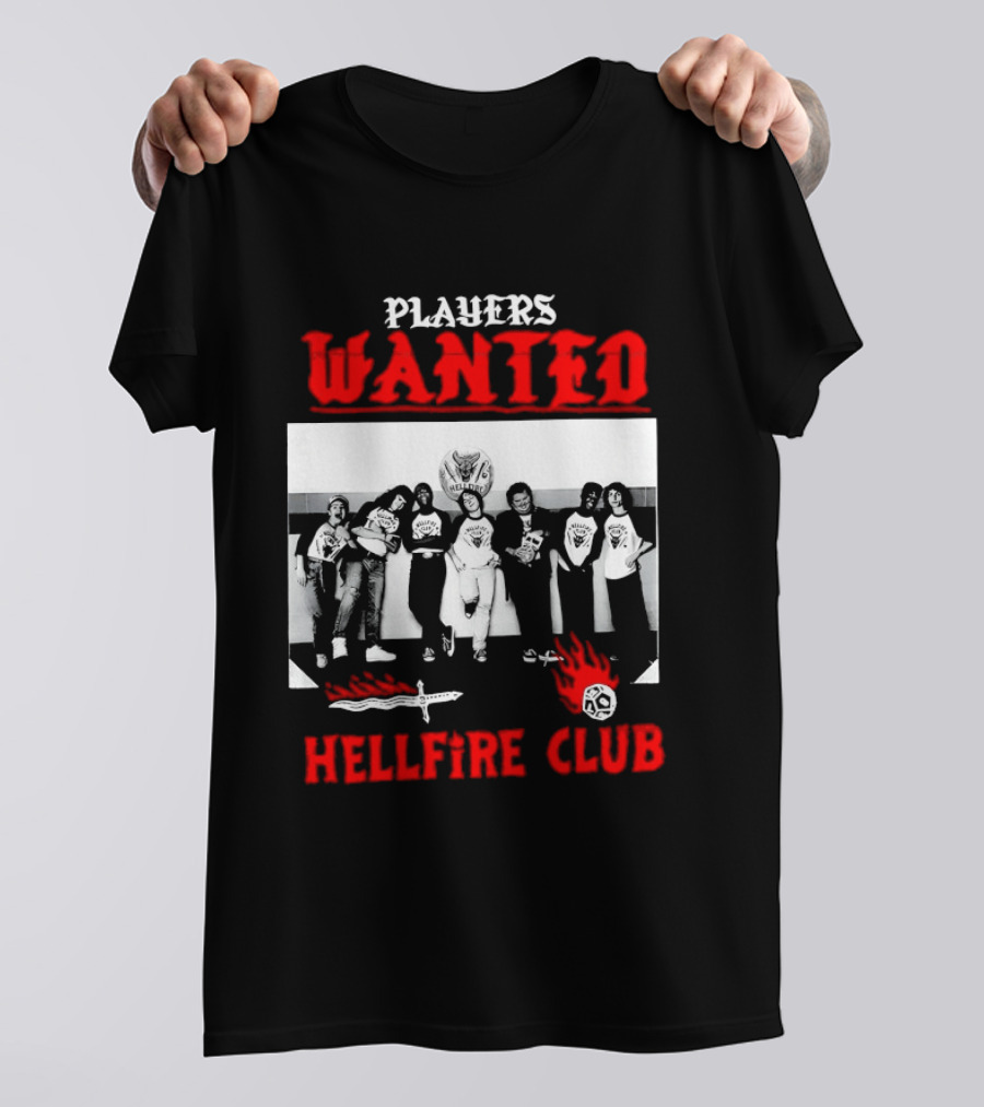 Players Wanted Hellfire Club Retro Group Photo Gaming Dungeons Dragons Fantasy T-Shirt