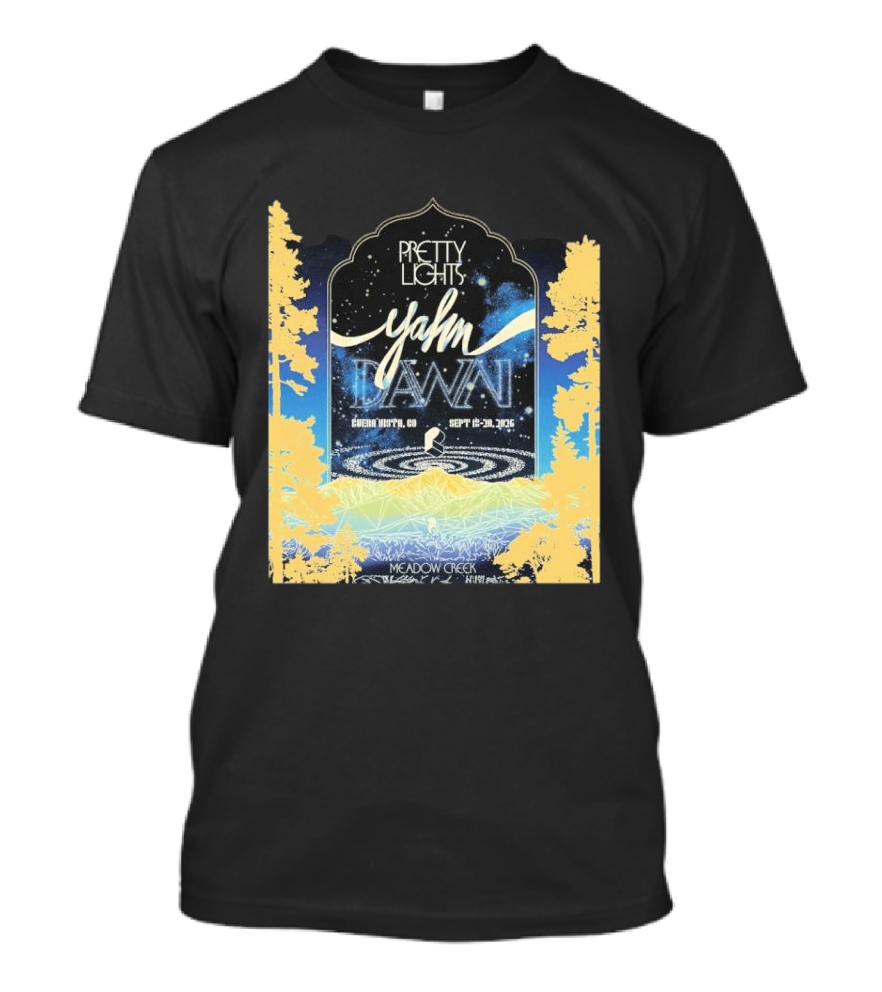 Pretty Lights Yahn Dawn 2026 Buena Vista Colorado Meadow Creek September 18 20 Event T-Shirt