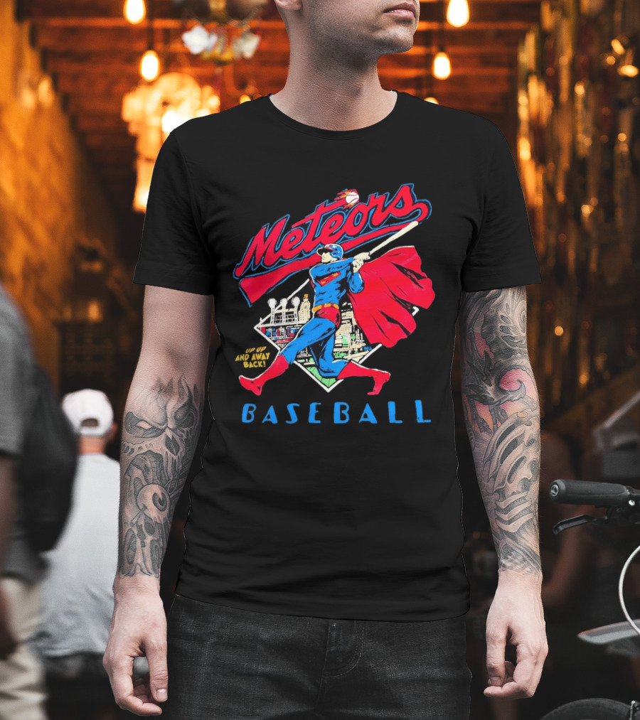 Meteors Baseball Superhero Swinging Bat Power City Stadium Iconic Comic T-Shirt