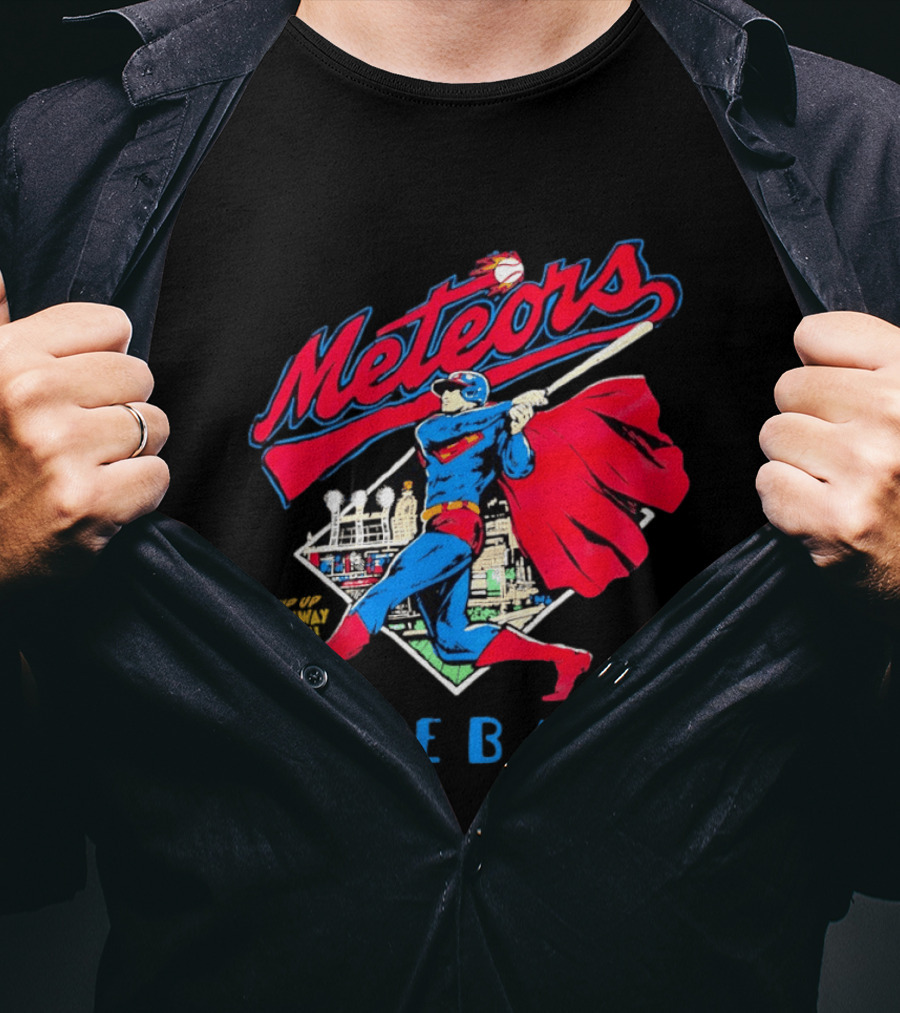 Meteors Baseball Superhero Swinging Bat Power City Stadium Iconic Comic T-Shirt