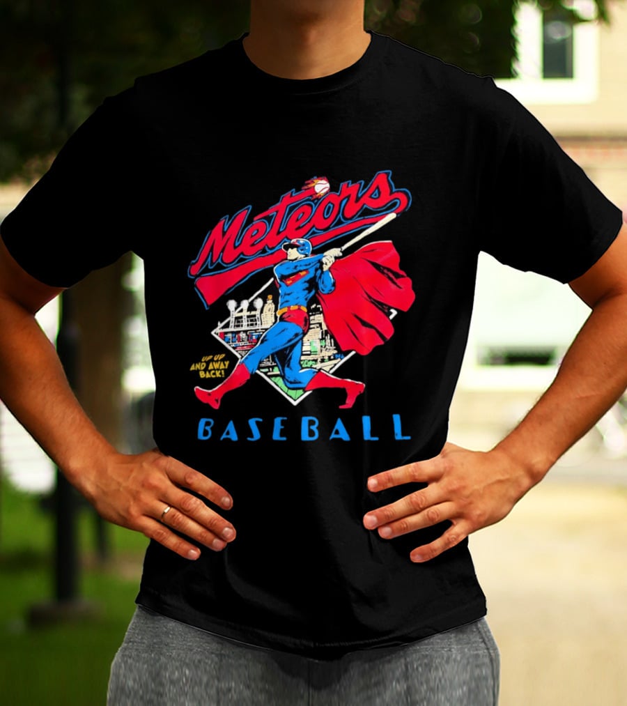 Meteors Baseball Superhero Swinging Bat Power City Stadium Iconic Comic T-Shirt