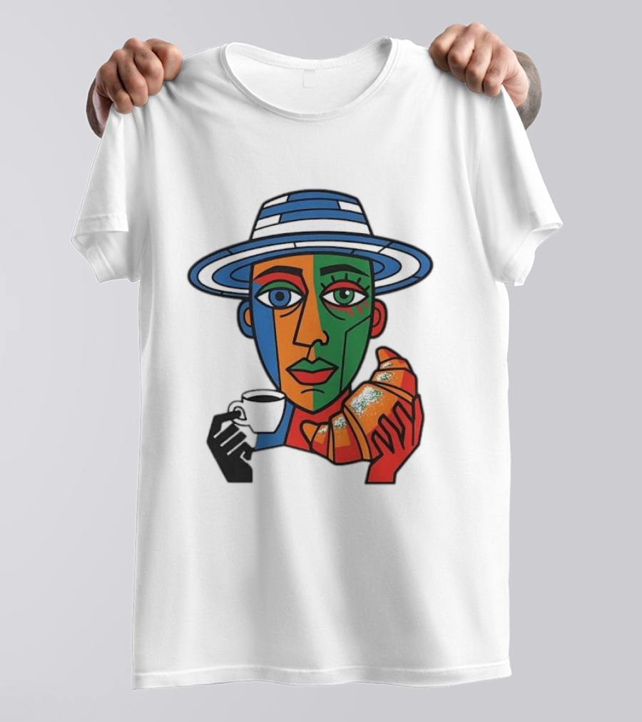 Cubist Coffee Drinker With Hat And Croissant T-Shirt