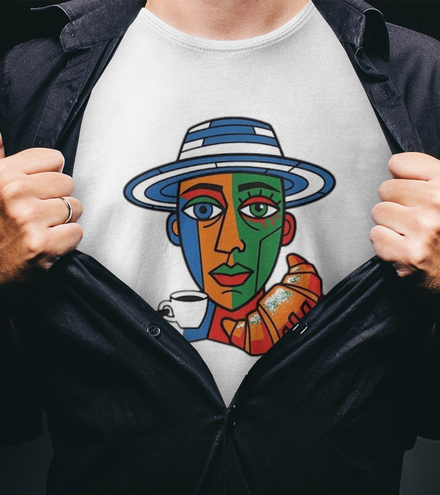 Cubist Coffee Drinker With Hat And Croissant T-Shirt