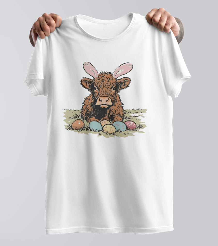 Highland Cow With Easter Eggs And Bunny Ears Easter Day 2026 T-Shirt