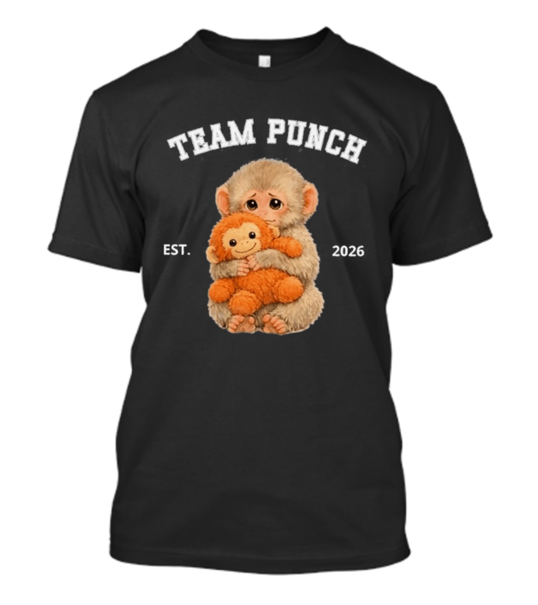 Team Punch Monkey EST 2026 Cute Baby Monkey Holding Plush Toy T-Shirt