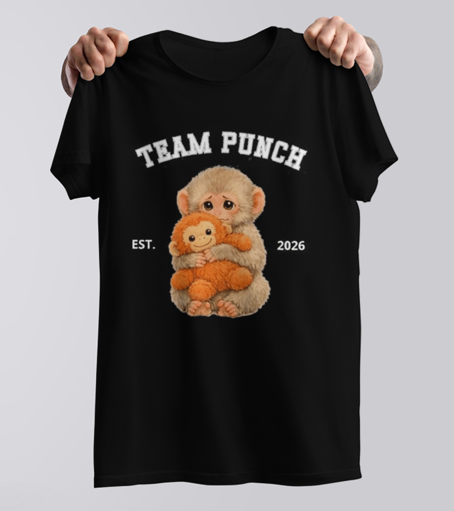 Team Punch Monkey EST 2026 Cute Baby Monkey Holding Plush Toy T-Shirt