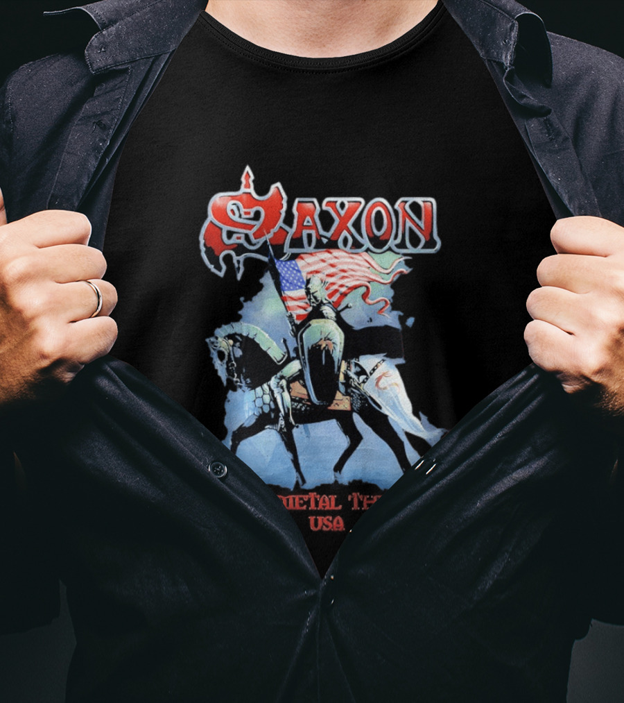 Saxon Heavy Metal Knight With American Flag USA T-Shirt