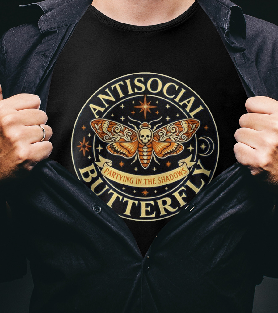 Antisocial Butterfly Skull Moth Dark Cosmic Partying In The Shadows T-Shirt