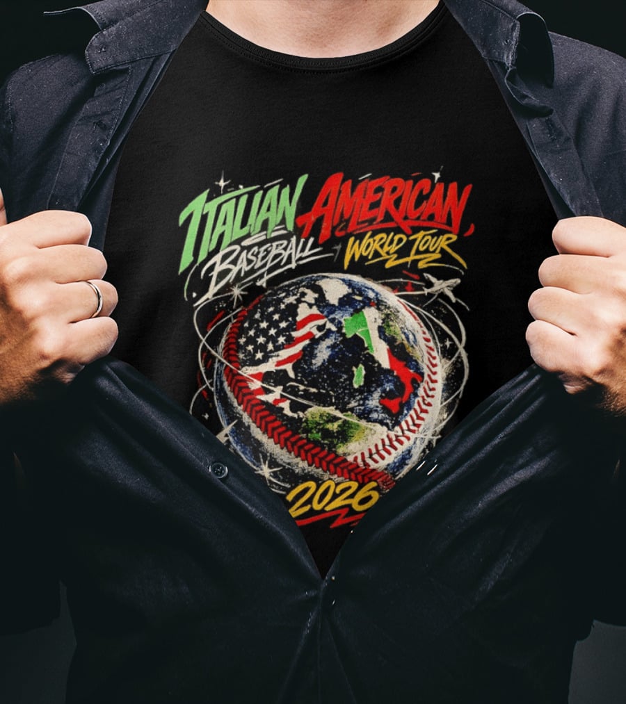 Italian American Baseball World Tour 2026 Flag Design Globe Baseball T-Shirt