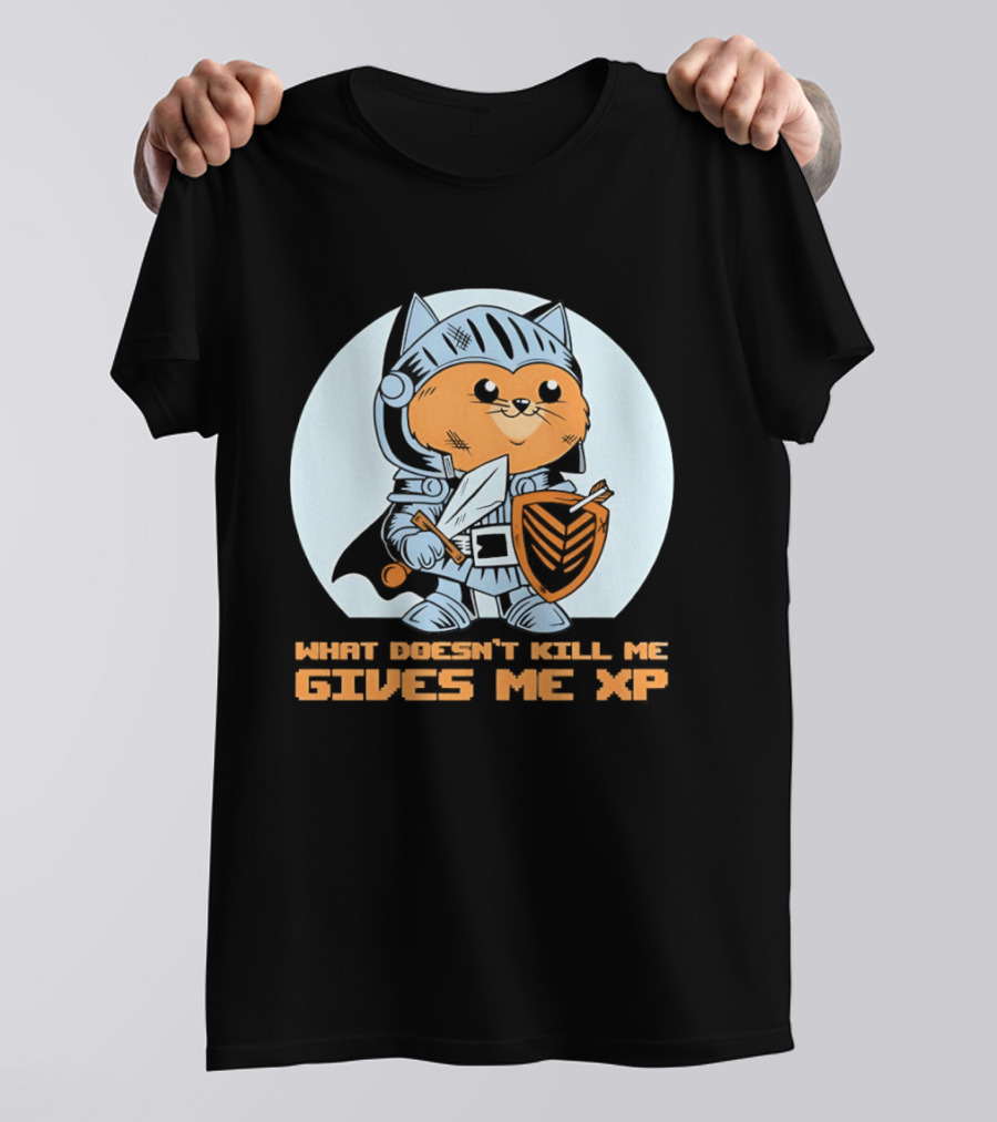 Knight Cat Holding Sword And Shield What Doesn't Kill Me Gives Me XP T-Shirt