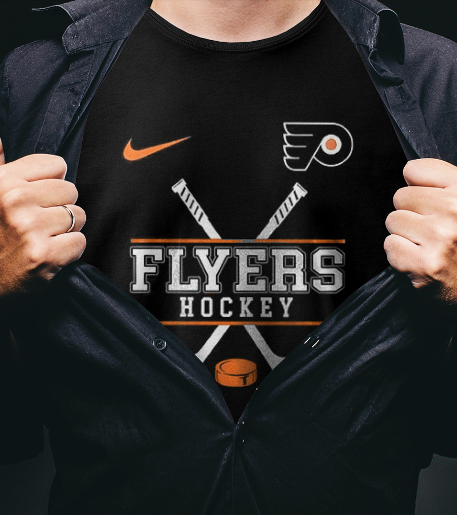 Philadelphia Flyers Nike Hockey Crossed Sticks And Puck T-Shirt