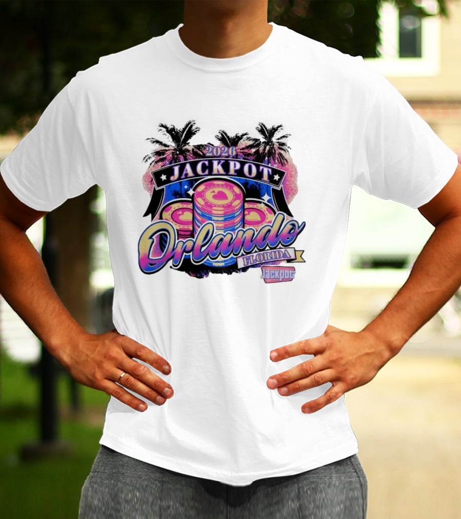 2026 Jackpot Orlando Florida Event With Palm Trees And Poker Chips T-Shirt