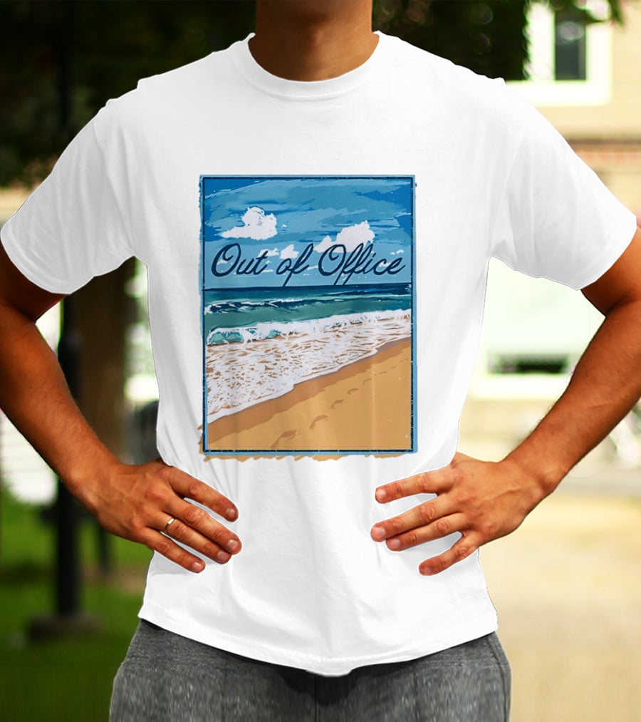 Out Of Office Beach Painting Photo 2025 Blue Sky Ocean Waves Sand T-Shirt