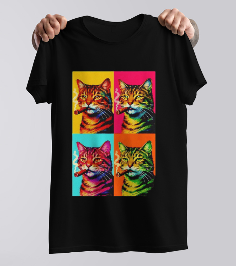 Pop Art Cat Smoking Cigar Colorful Comic T-Shirt